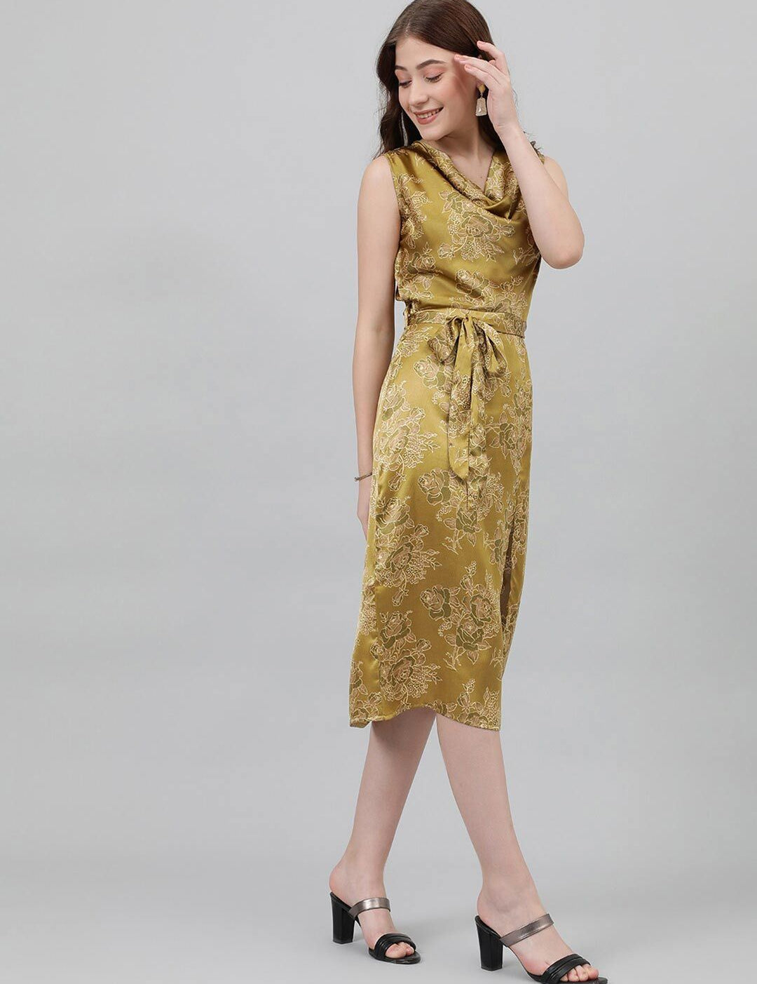 Kotty Green & White Floral Printed Cowl Neck Satin Sheath Midi Dress