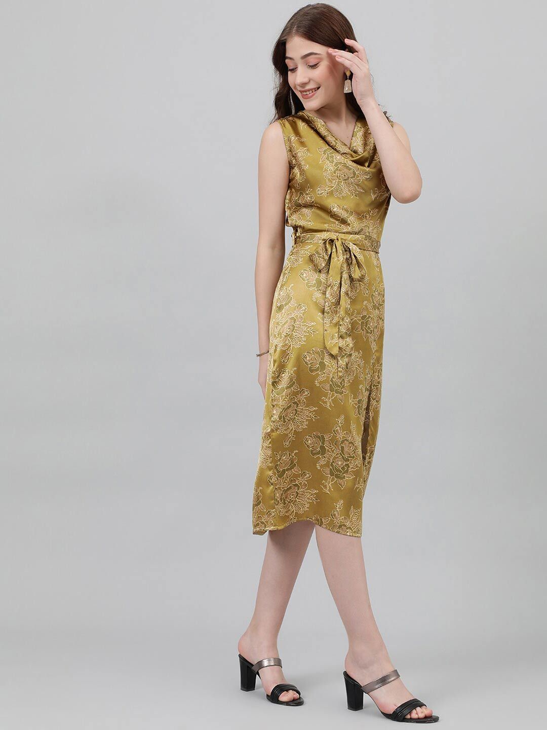 Kotty Green & White Floral Printed Cowl Neck Satin Sheath Midi Dress