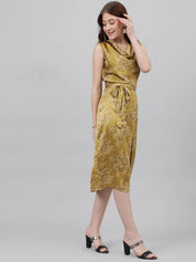 Kotty Green & White Floral Printed Cowl Neck Satin Sheath Midi Dress