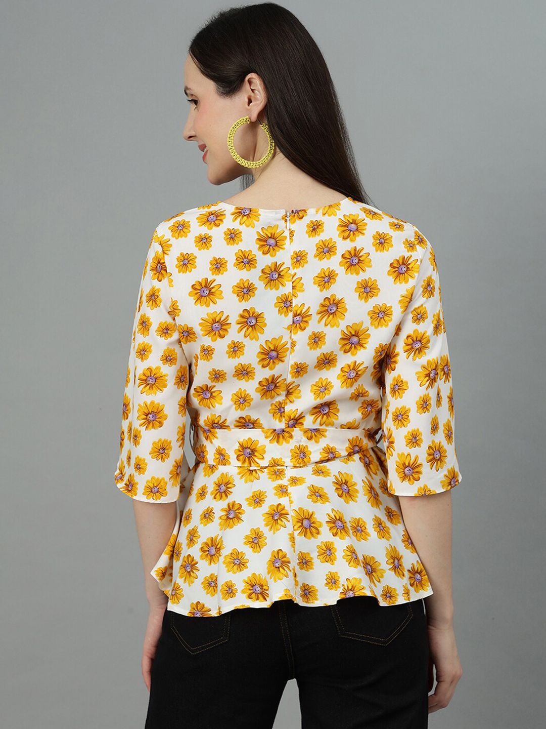 Kotty Floral Print Flared Sleeve Crepe Cinched Waist Top