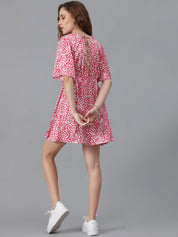 Kotty White & Red Animal Printed V Neck Flared Sleeves Crepe A Line Mini Dress