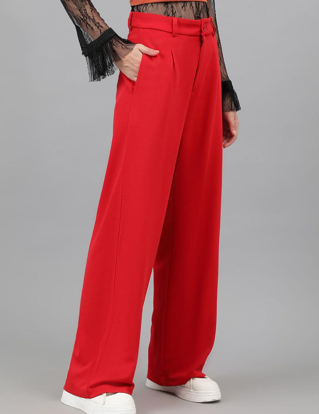 Kotty Women Red Relaxed Straight Leg Straight Fit High-Rise Easy Wash Trousers