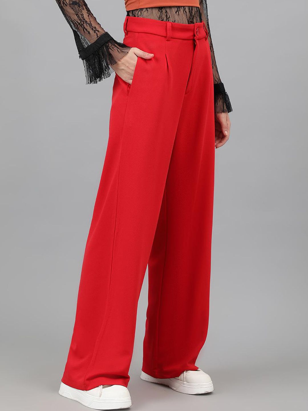 Kotty Women Red Relaxed Straight Leg Straight Fit High-Rise Easy Wash Trousers