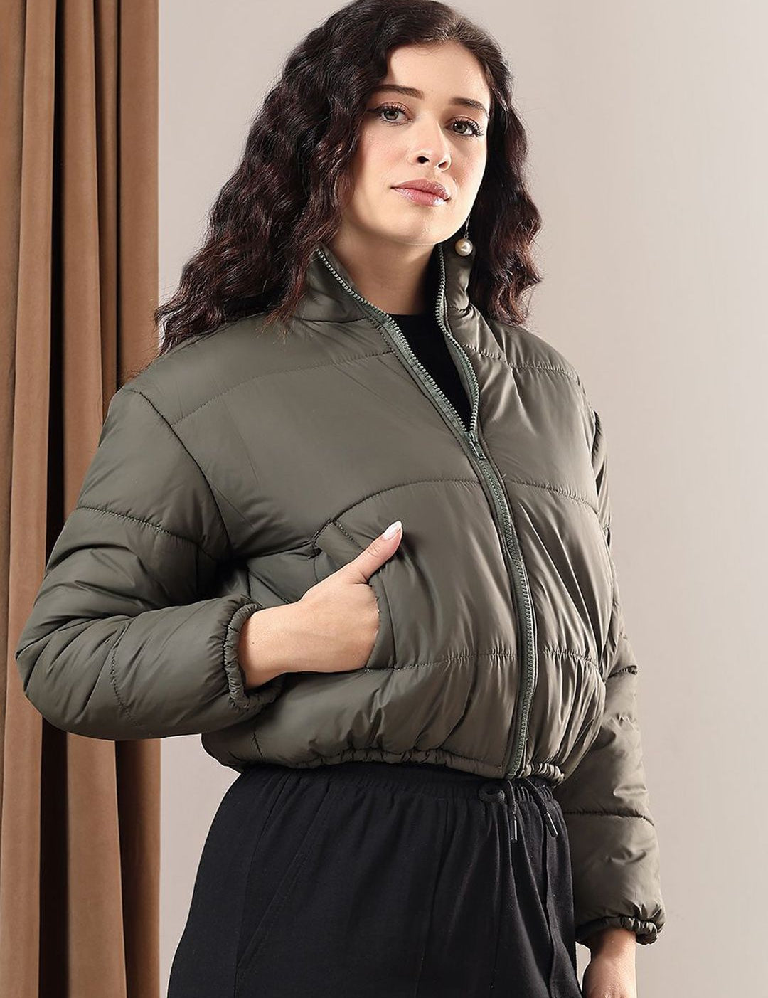 Kotty Women Mock Collar Solid Casual Puffer Insulator Jacket