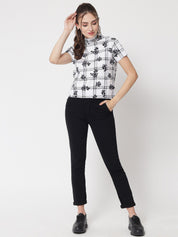 Kotty Women White & Black Floral Printed Cotton Blend Top
