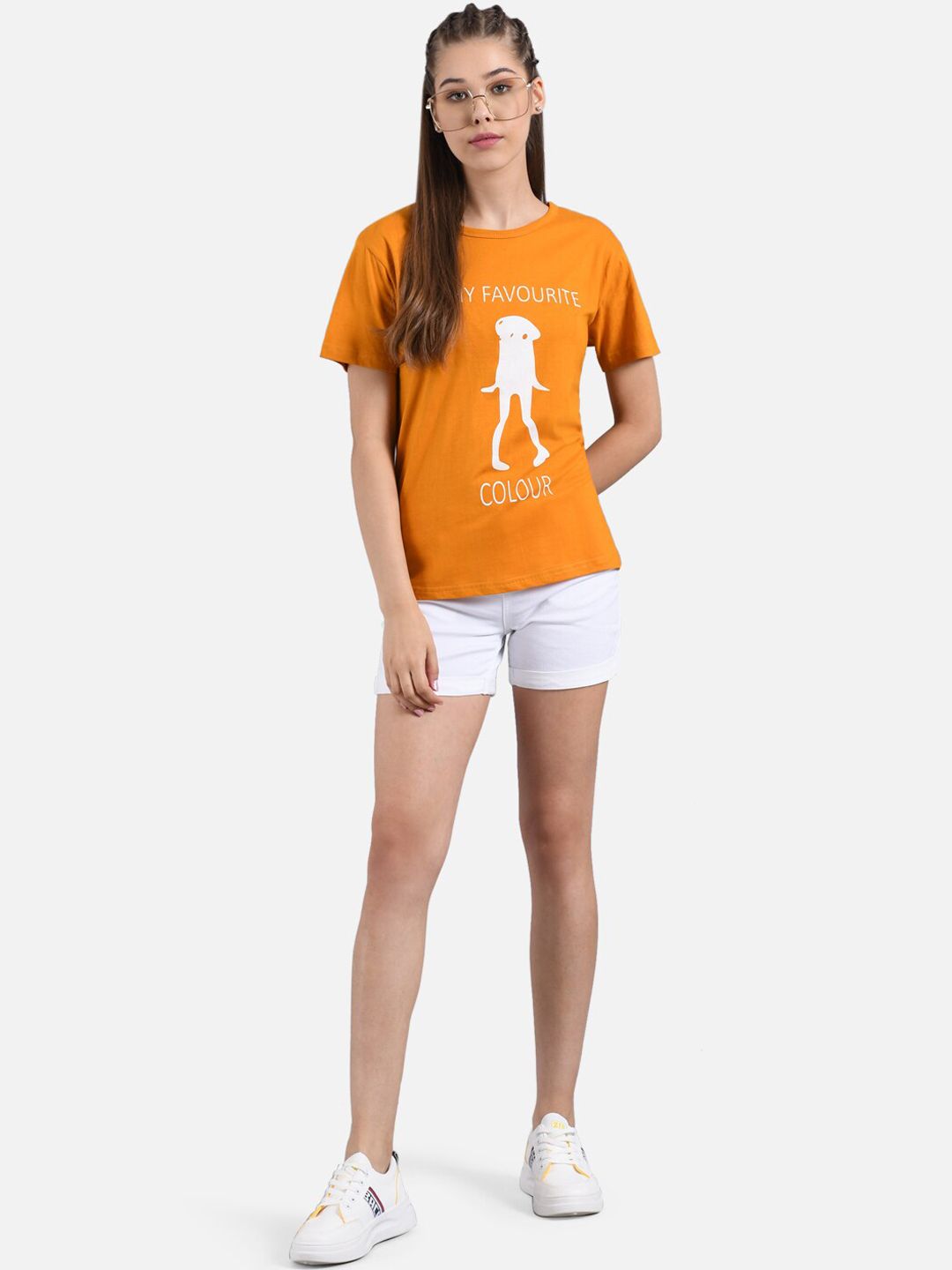 Kotty Women Mustard Orange Printed Round Neck T-shirt