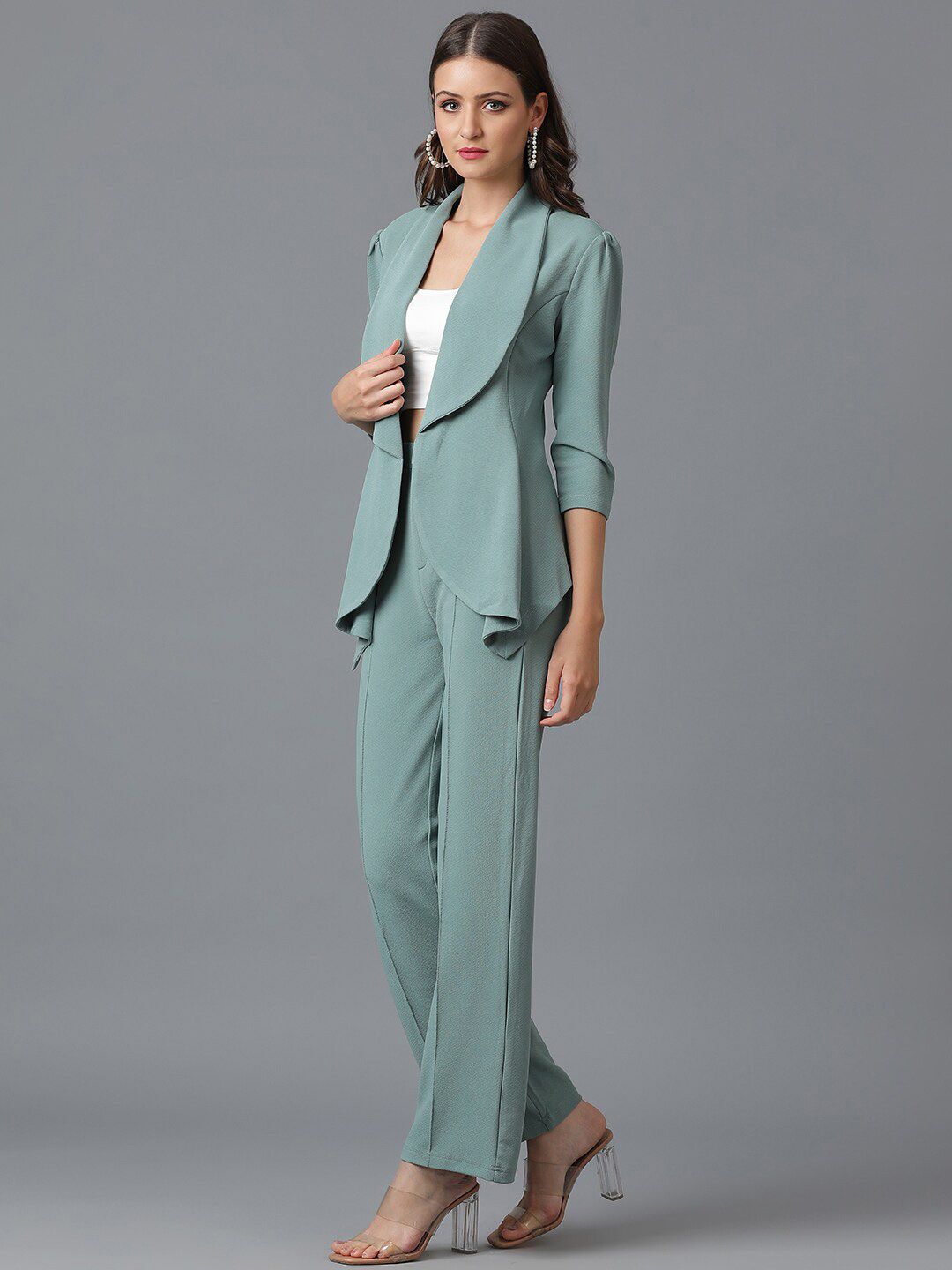 KOTTY BIZwear Sea Green Shawl Neck Coat With Trousers