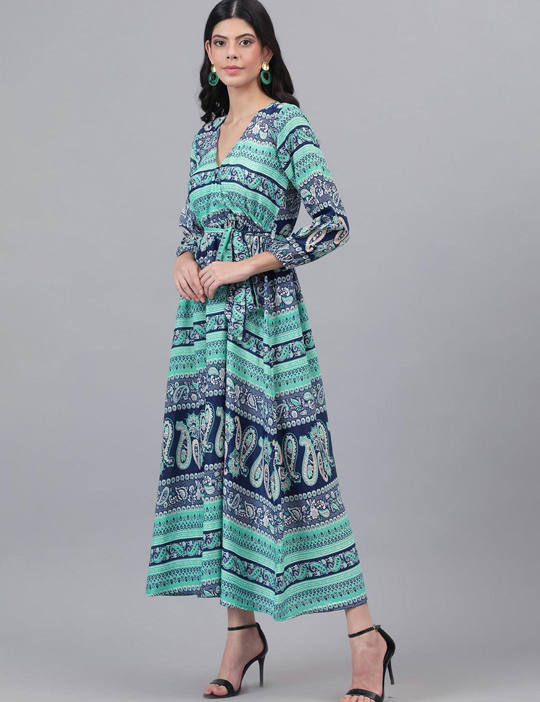 Kotty Blue & Green Ethnic Motifs Printed Wrap Maxi Dress