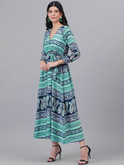 Kotty Blue & Green Ethnic Motifs Printed Wrap Maxi Dress