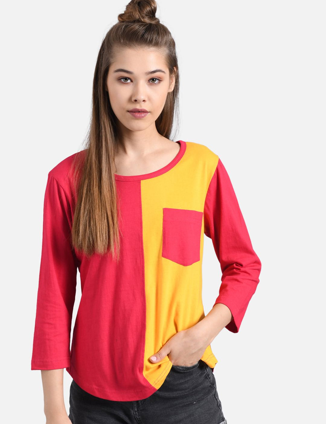 Kotty Women Pink & Yellow Colourblocked Round Neck T-shirt