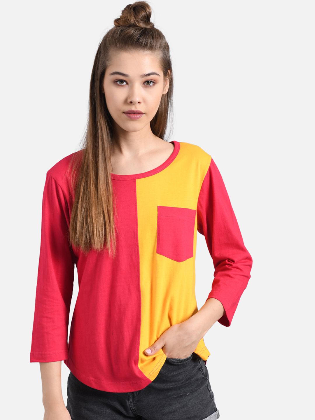 Kotty Women Pink & Yellow Colourblocked Round Neck T-shirt