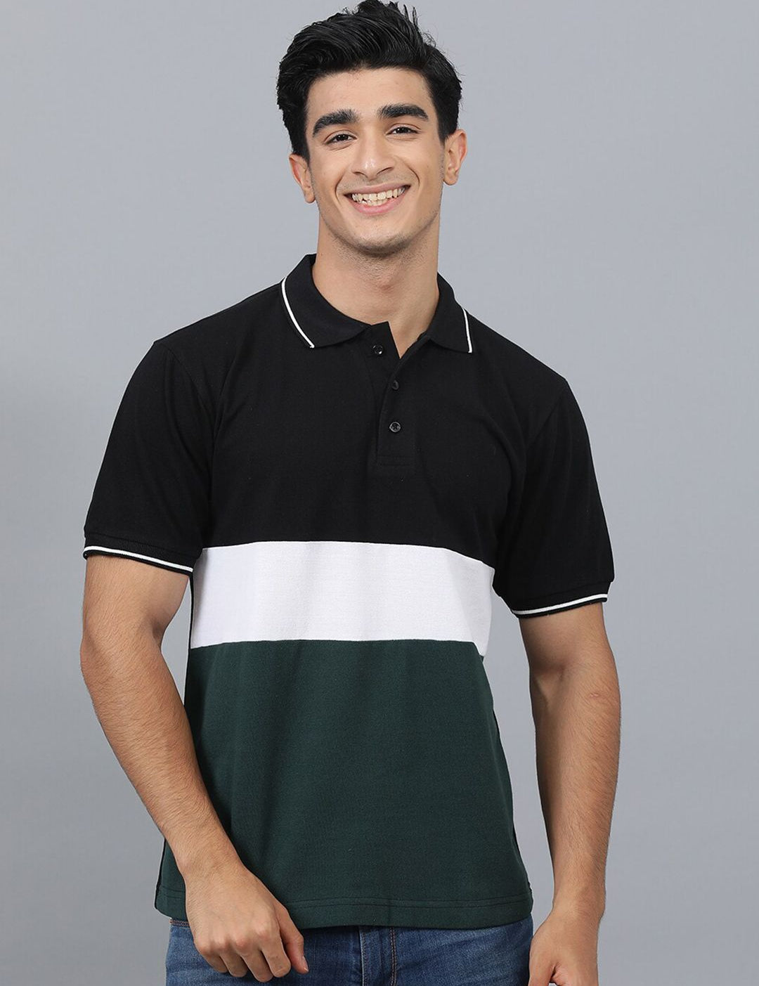 Kotty Colourblocked Polo Collar Regular Fit Cotton T-Shirt