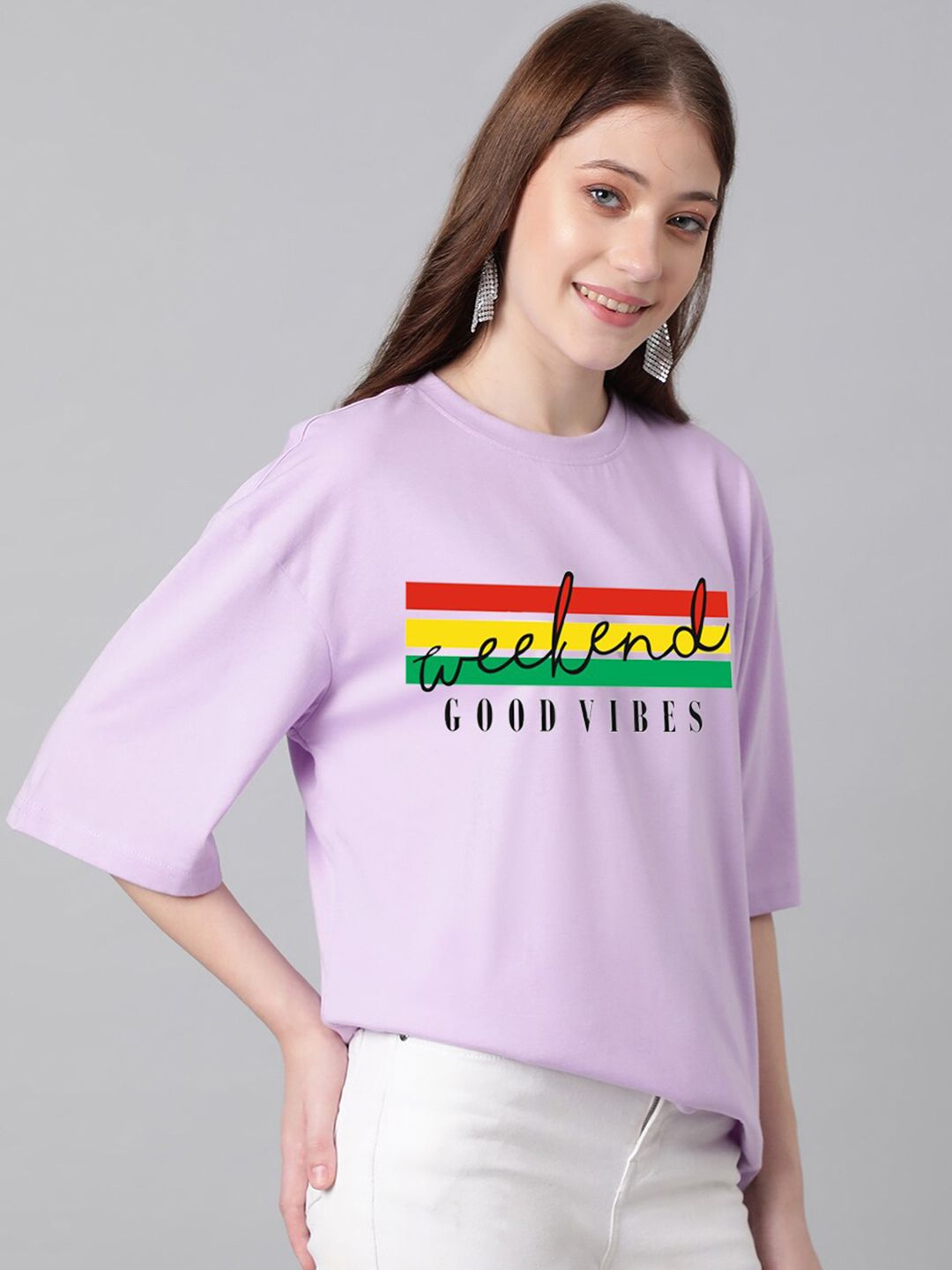 Kotty Typography Printed Drop-Shoulder Sleeves Oversized T-shirt