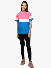 Kotty Women Blue & Pink Colourblocked Round Neck T-shirt