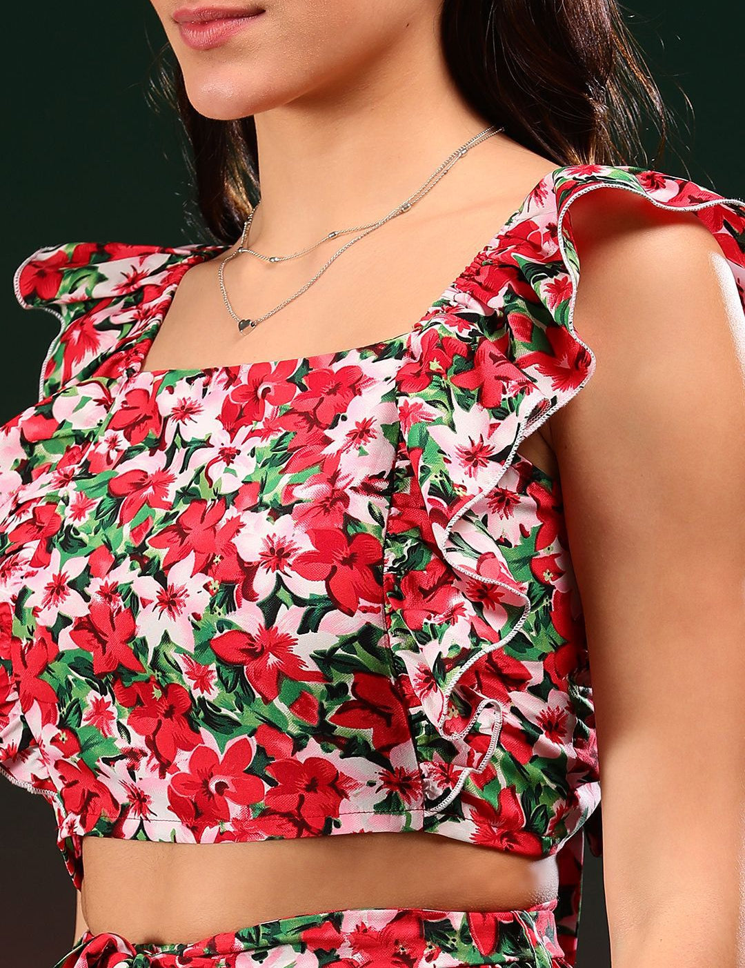 Kotty Red Floral Printed Square Neck Top & Shorts