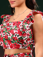 Kotty Red Floral Printed Square Neck Top & Shorts