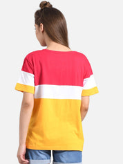 Kotty Women Peach-Coloured & White Colourblocked Round Neck T-shirt