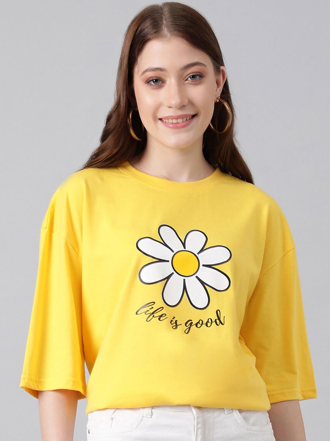 KOTTY Basics Graphic Printed Drop Shoulder Sleeves Oversized T-shirt