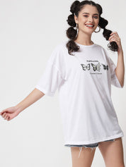 Kotty Women White Typography Printed Extended Sleeves Oversized T-shirt