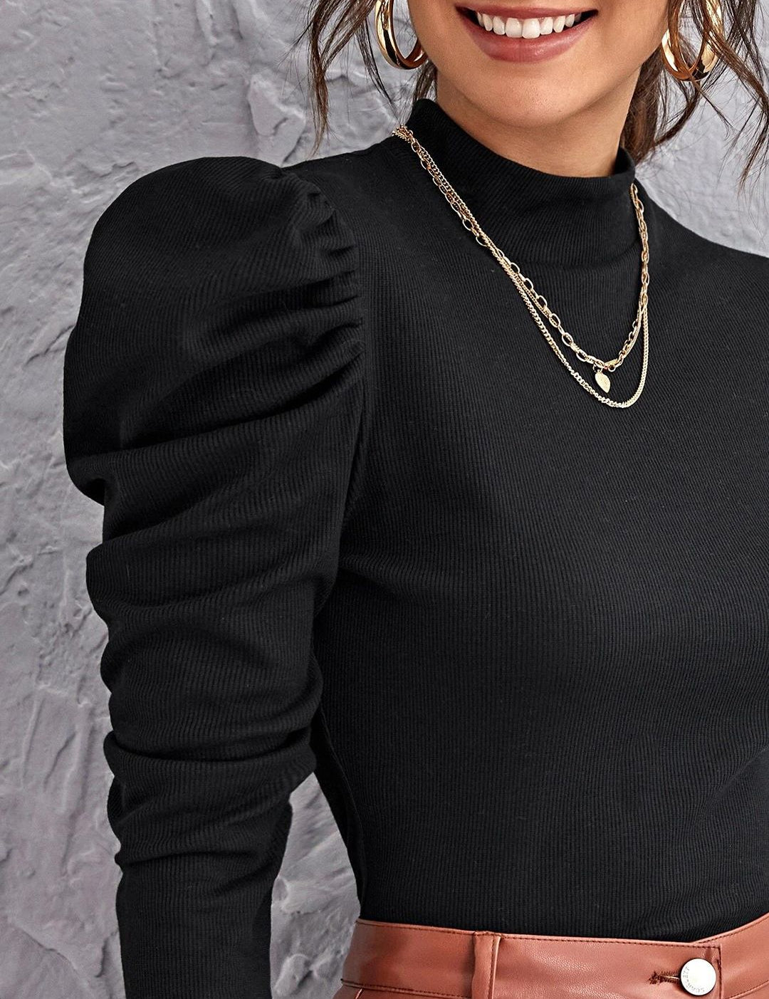 Kotty Black High Neck Puff Sleeves Satin Top