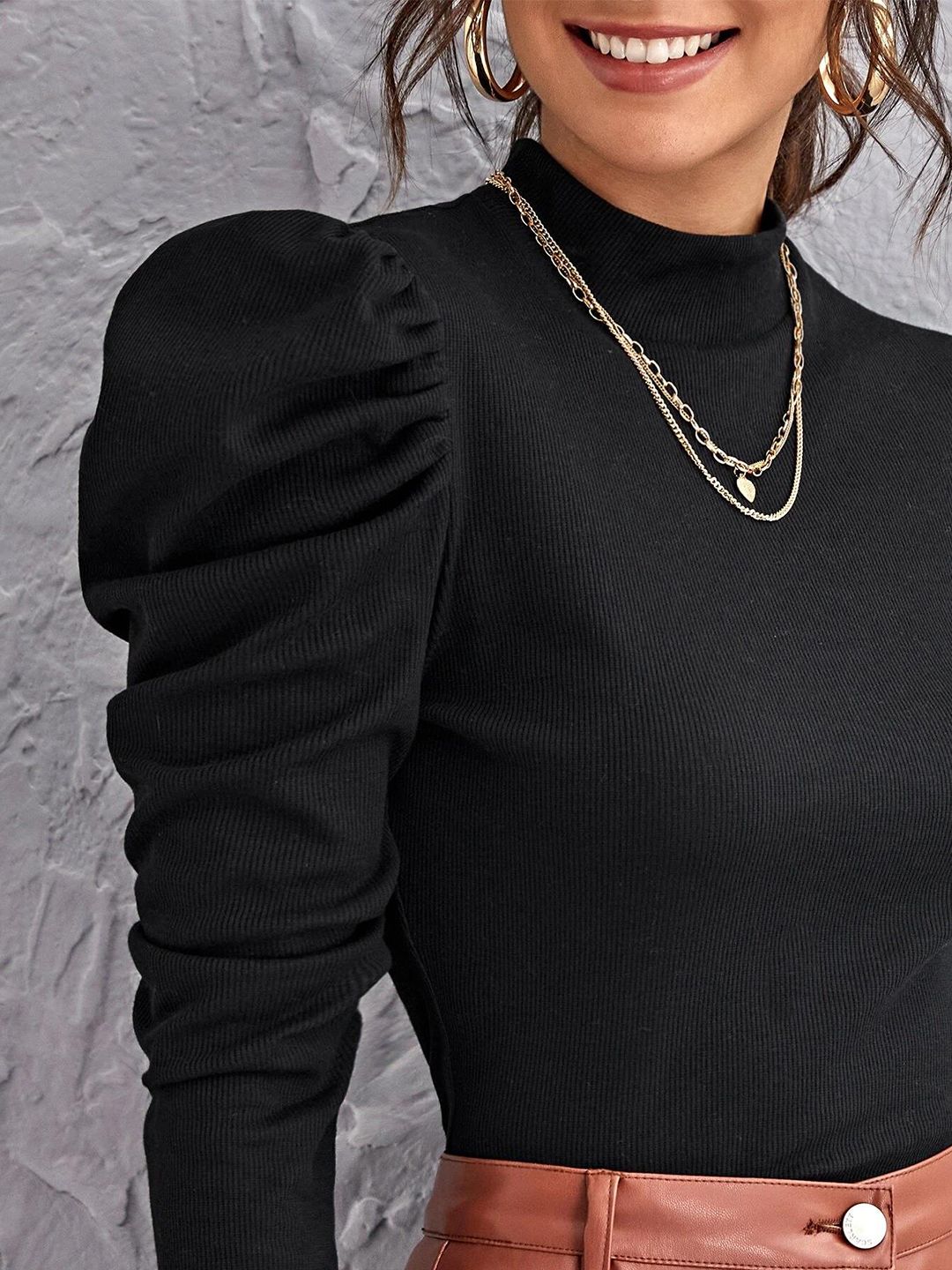 Kotty Black High Neck Puff Sleeves Satin Top