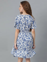 Kotty Blue Floral Print Flared Sleeve Fit & Flare Dress