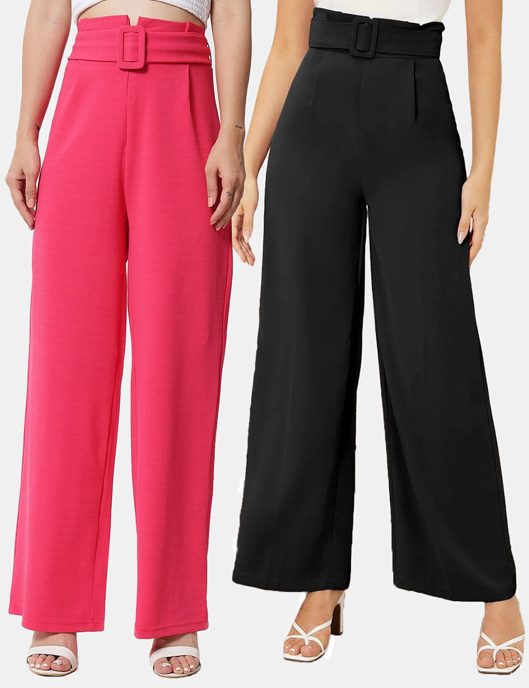 KOTTY BIZwear Womens Pack Of 2 Relaxed Straight Fit High-Rise Easy Wash Pleated Trousers