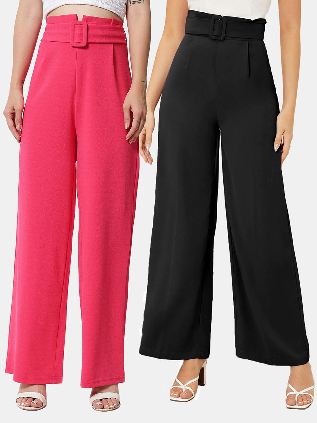 KOTTY BIZwear Womens Pack Of 2 Relaxed Straight Fit High-Rise Easy Wash Pleated Trousers