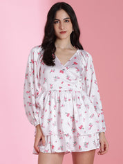 Kotty Floral Printed Puff Sleeve V-Neck Fit & Flare Mini Dress