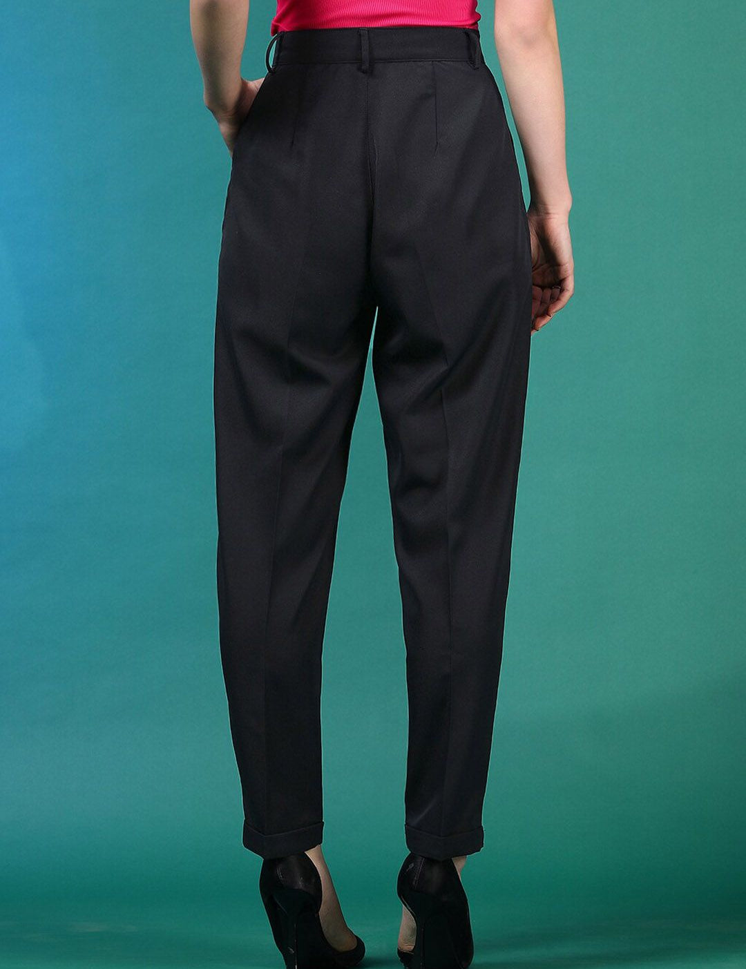 Stylecast X KOTTY BIZwear Women Black Relaxed Slim Fit High-Rise Easy Wash Peg Trousers