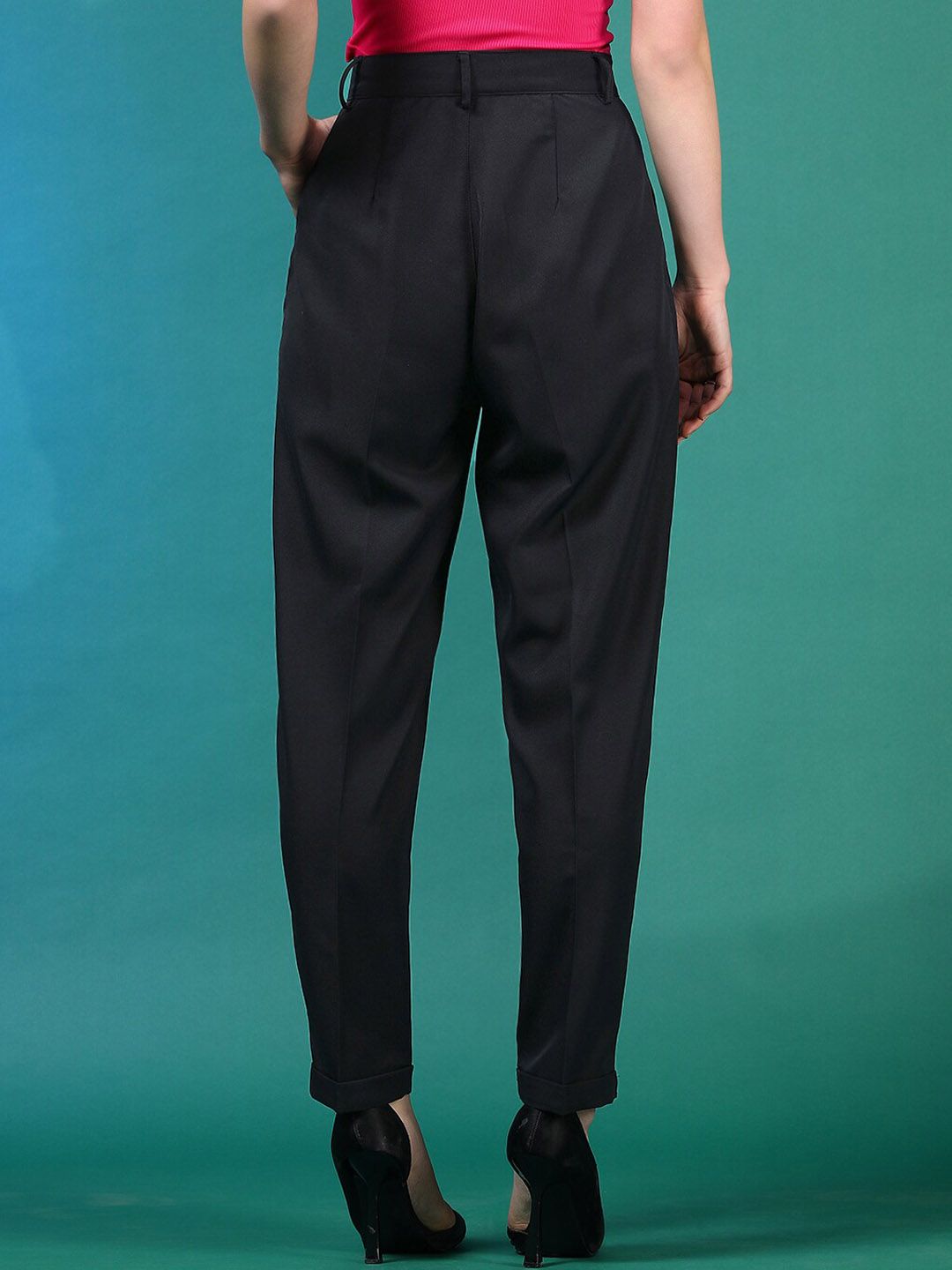 Stylecast X KOTTY BIZwear Women Black Relaxed Slim Fit High-Rise Easy Wash Peg Trousers