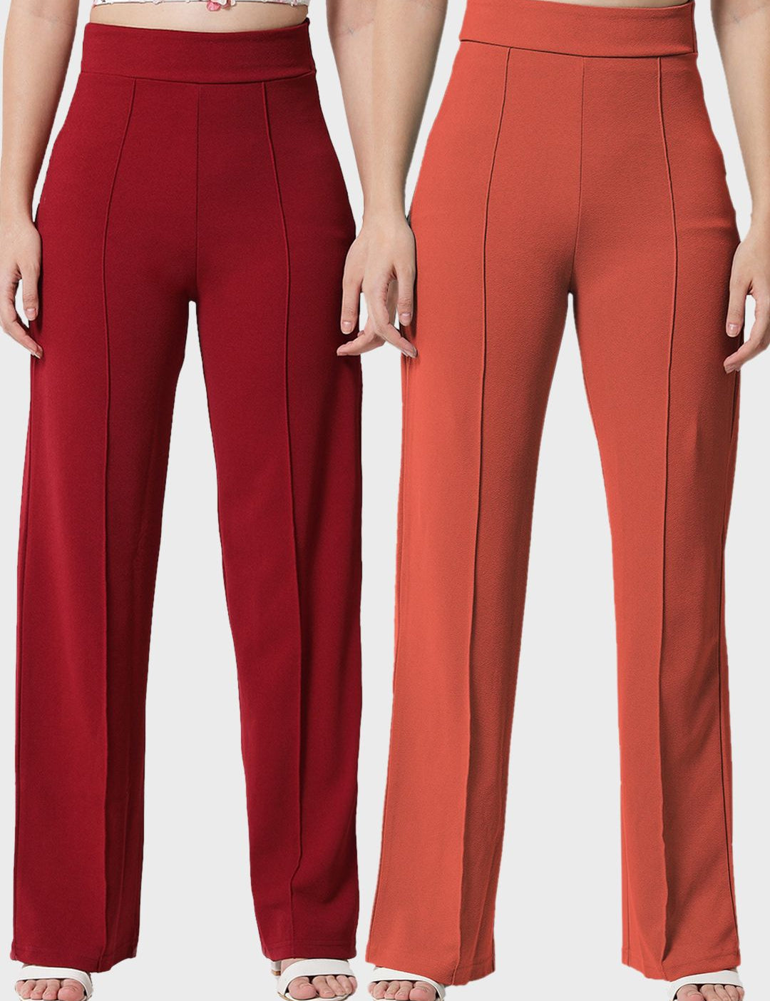 Kotty Women Pack Of 2 Relaxed Straight Leg High-Rise Easy Wash Parallel Trousers