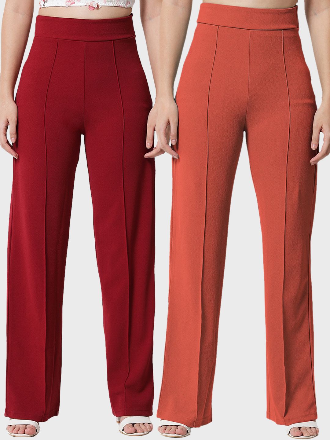 Kotty Women Pack Of 2 Relaxed Straight Leg High-Rise Easy Wash Parallel Trousers