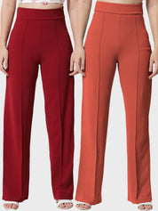 Kotty Women Pack Of 2 Relaxed Straight Leg High-Rise Easy Wash Parallel Trousers