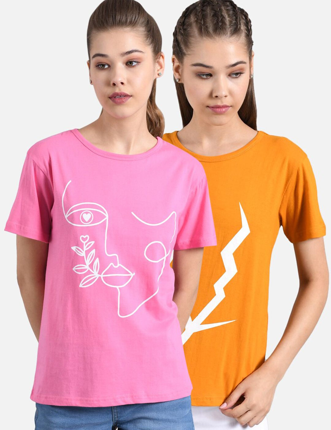 Kotty Women Pack Of 2 Yellow & Pink Printed Round Neck T-shirt