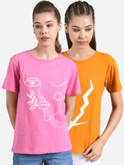 Kotty Women Pack Of 2 Yellow & Pink Printed Round Neck T-shirt