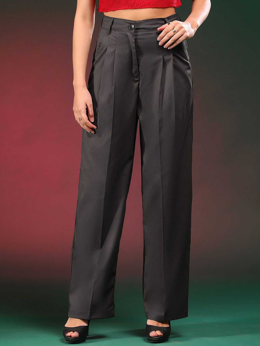 Stylecast X KOTTY BIZwear Women Relaxed Straight Leg Fit High-Rise Pleated Parallel Trouser