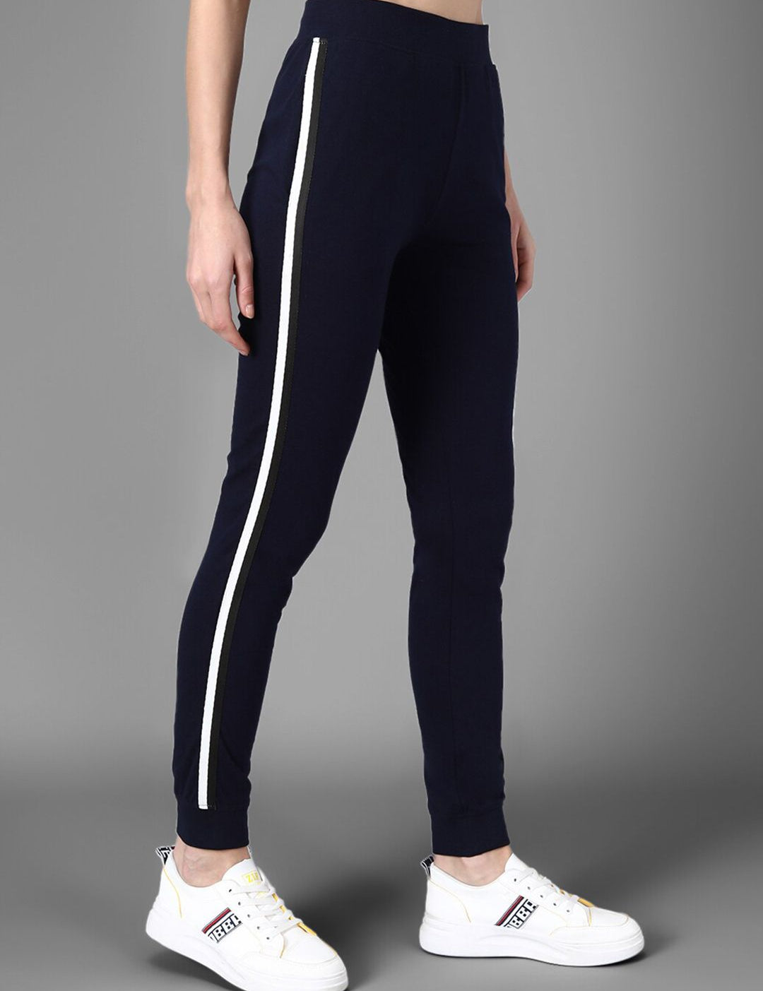 Kotty Women Navy Blue Solid Joggers with Side Stripes