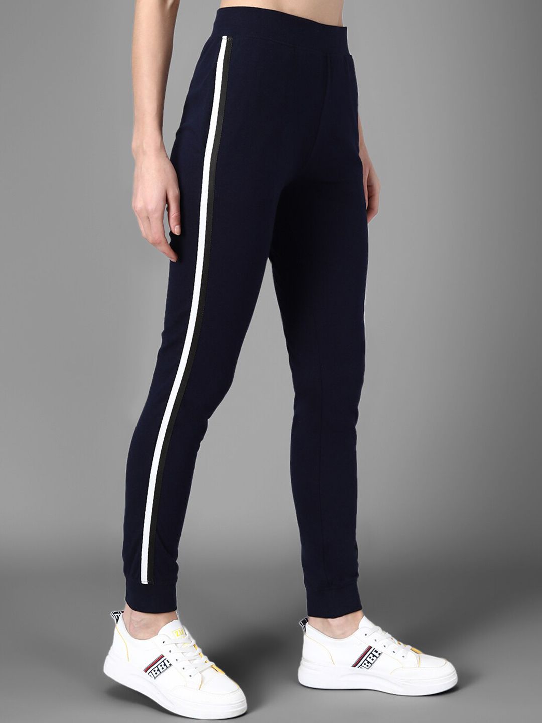 Kotty Women Navy Blue Solid Joggers with Side Stripes