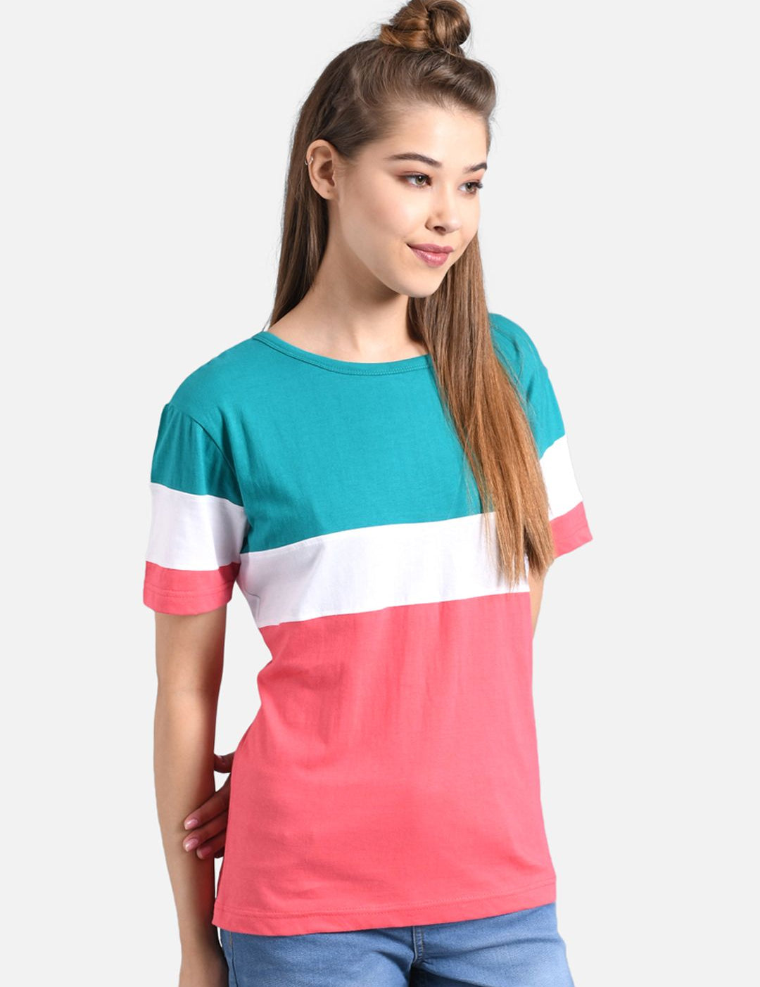 Kotty Women Teal Blue & Coral Pink Colourblocked Round Neck T-shirt