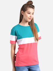 Kotty Women Teal Blue & Coral Pink Colourblocked Round Neck T-shirt
