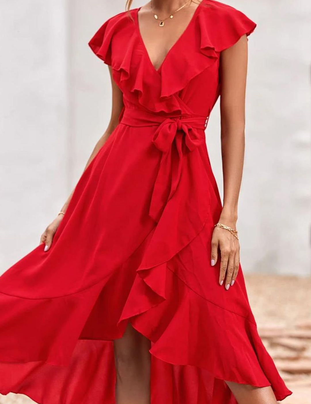 Kotty Red Ruffled Wrap Midi Dress