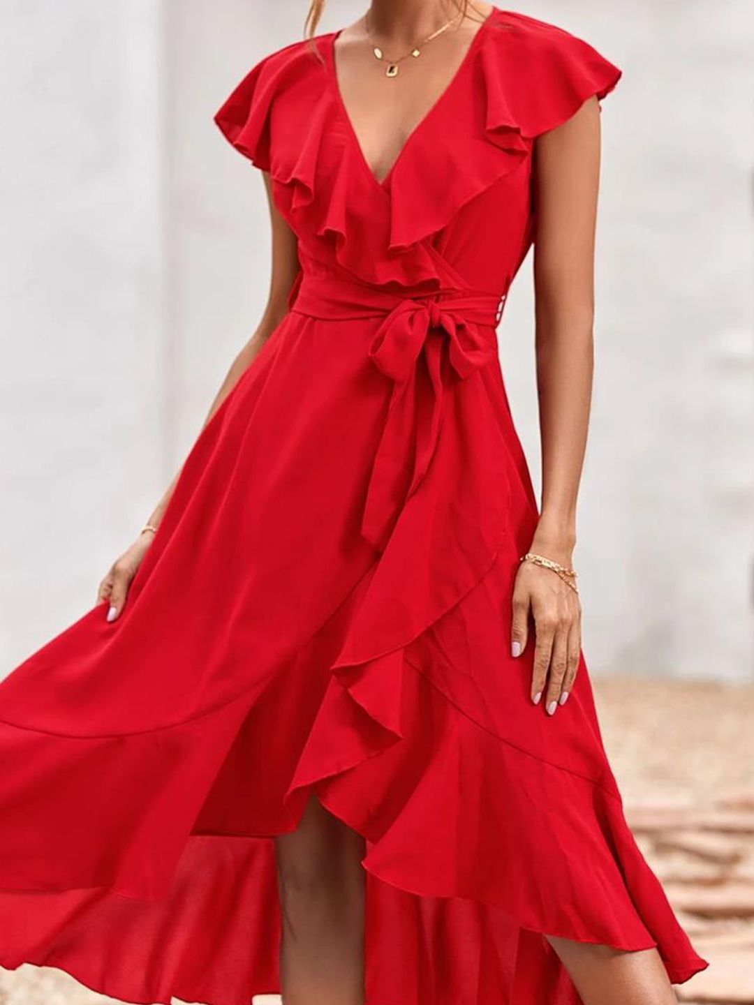 Kotty Red Ruffled Wrap Midi Dress