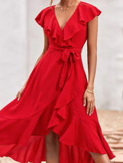 Kotty Red Ruffled Wrap Midi Dress