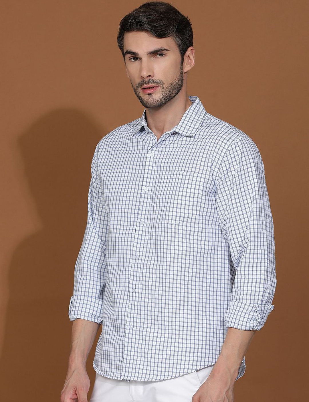 Kotty New Grid Tattersall Checks Spread Collar Casual Shirt