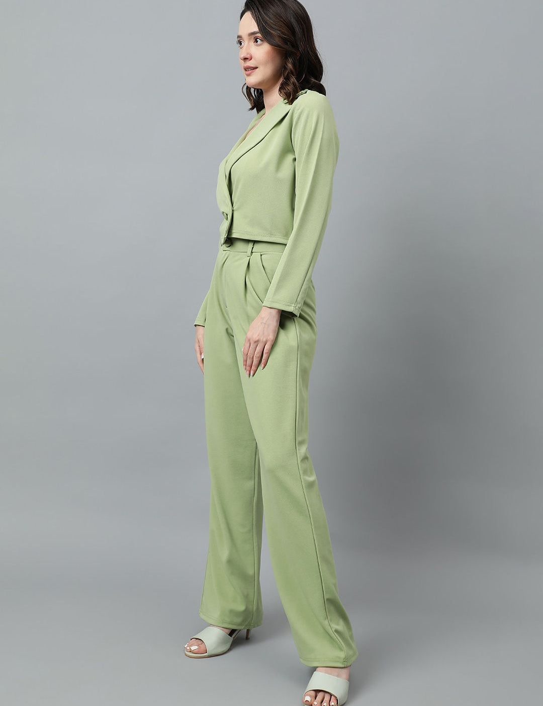 KOTTY BIZwear Green Notched Lapel Collar Blazer & Mid Rise Trouser