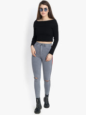 Kotty Women Grey Skinny Fit High-Rise Slash Knee Stretchable Jeans