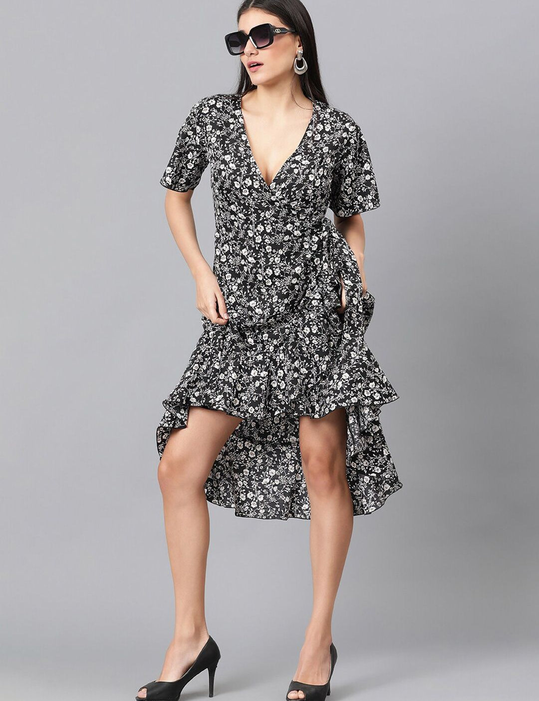 Kotty Black & White Floral Printed Flared Sleeves Crepe Ruffles Wrap Dress