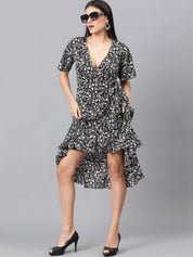 Kotty Black & White Floral Printed Flared Sleeves Crepe Ruffles Wrap Dress