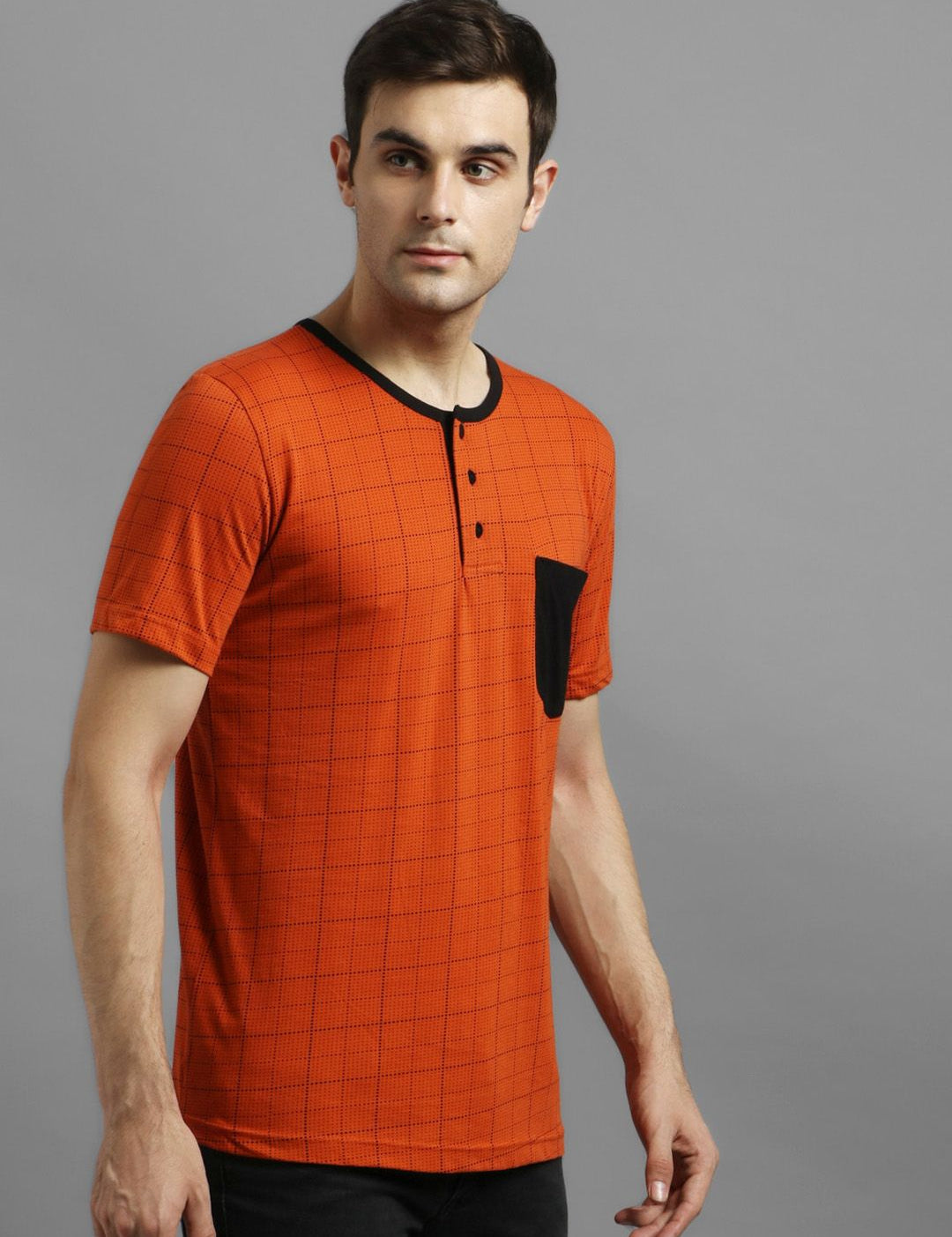 Kotty Men Orange Checked Henley Neck T-shirt